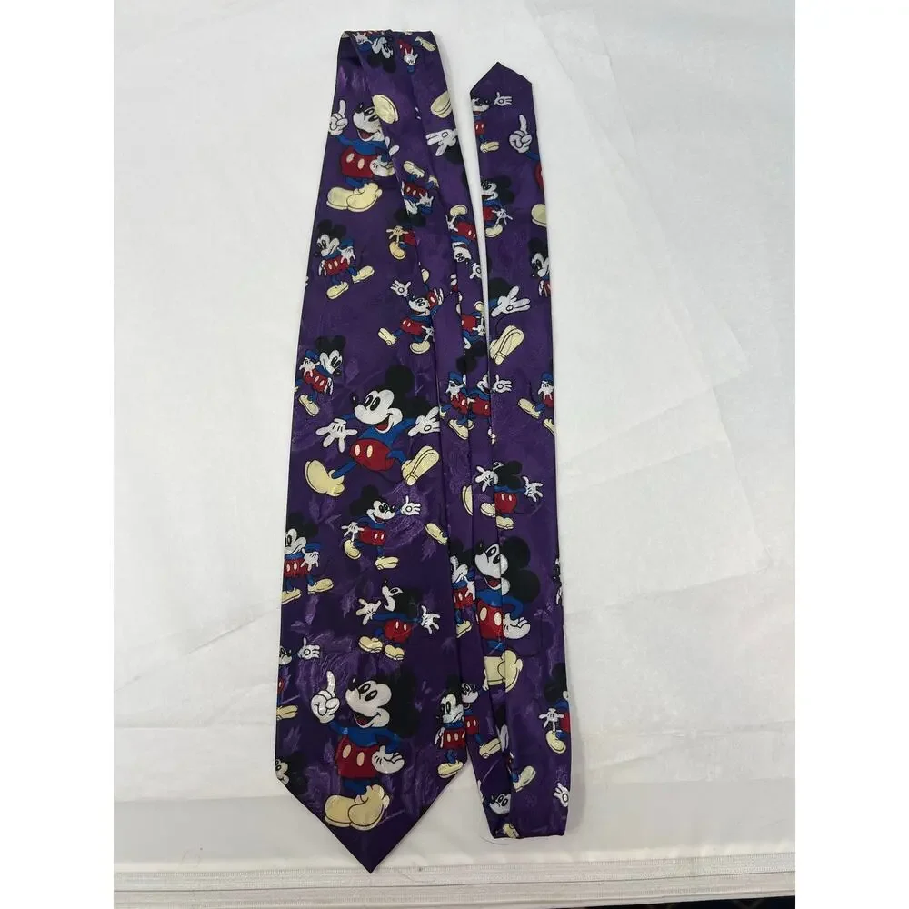 Vintage Disney Mickey Mouse Silk Tie Purple‎ All Over Print Made Korea
